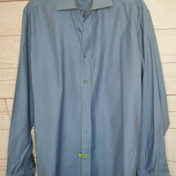 Bugatchi Uomo Blue Grey Mens Embroidered Shaped Fit Button Up Shirt - Picture 2 of 12